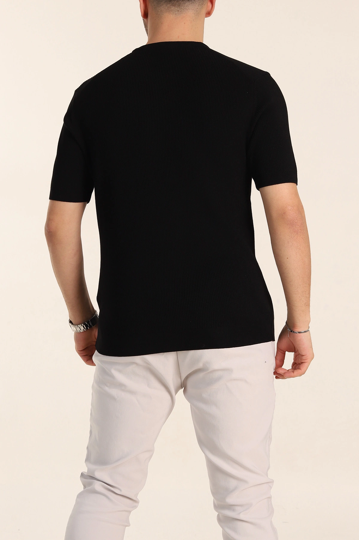 Siyah Slim Fit Dokulu Basic Kısa Kollu Erkek Triko Tişört 338599