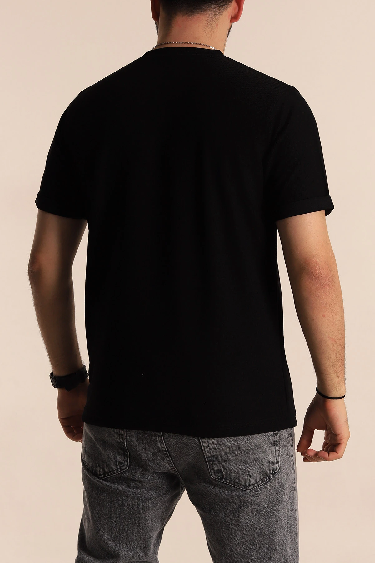 Siyah Slim Fit Etnik Desen Yamalı Duble Kol Erkek Tişört 268707