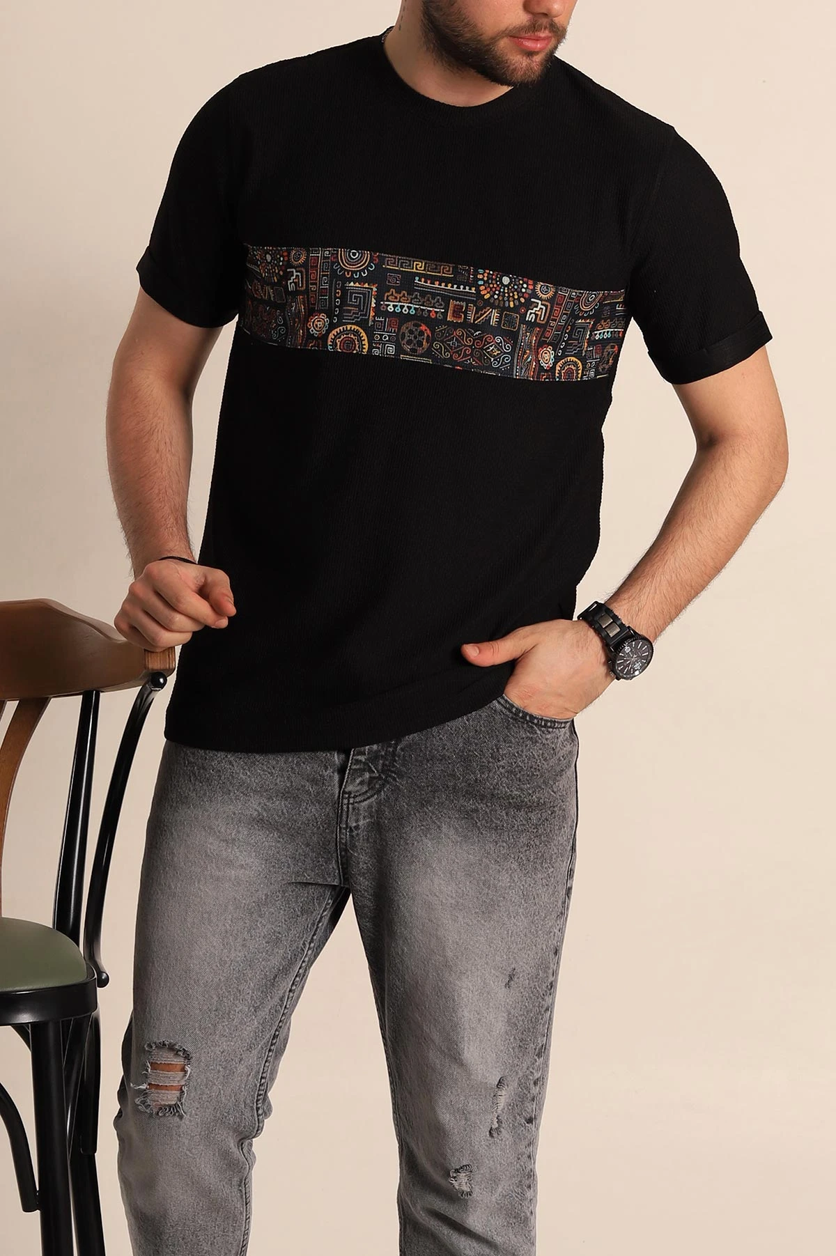 Siyah Slim Fit Etnik Desenli Duble Kol Erkek Tişört 268657
