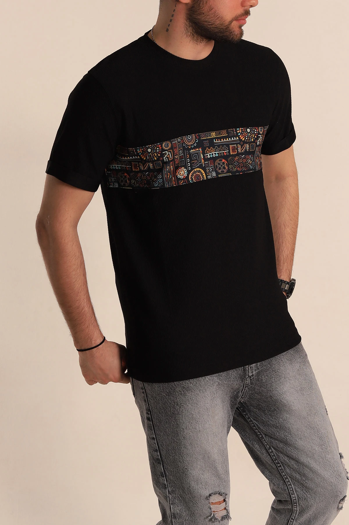 Siyah Slim Fit Etnik Desenli Duble Kol Erkek Tişört 268657