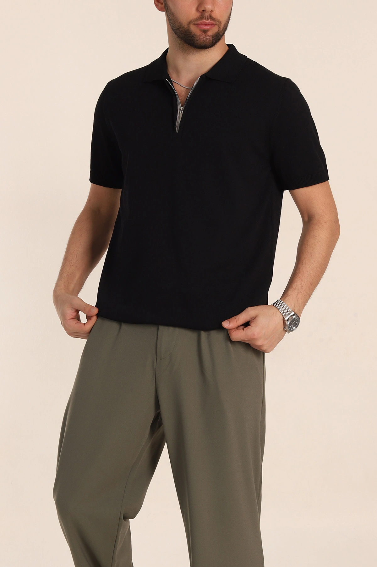 Siyah Slim Fit Fermuarlı Polo Yaka Erkek Triko Tişört 348077