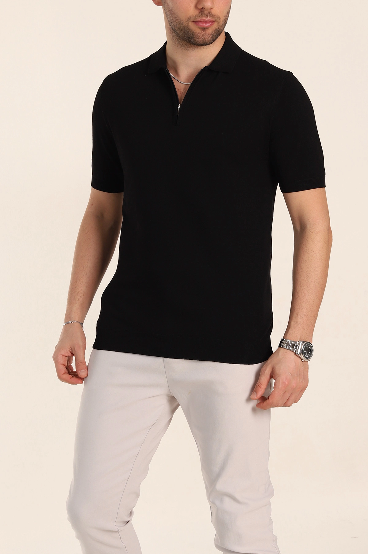 Siyah Slim Fit Fermuarlı Polo Yaka Kısa Kollu Erkek Triko Tişört 338605