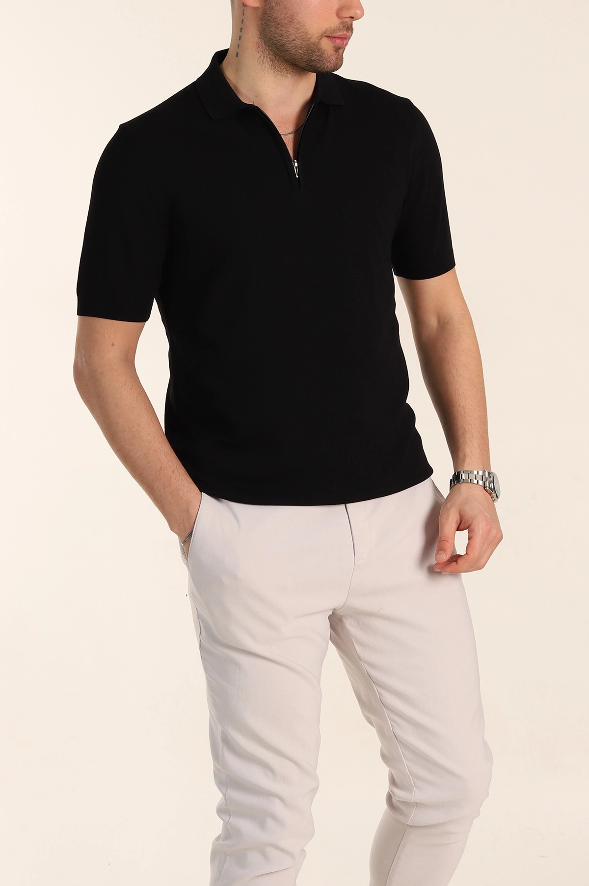 Siyah Slim Fit Fermuarlı Polo Yaka Kısa Kollu Erkek Triko Tişört 338605
