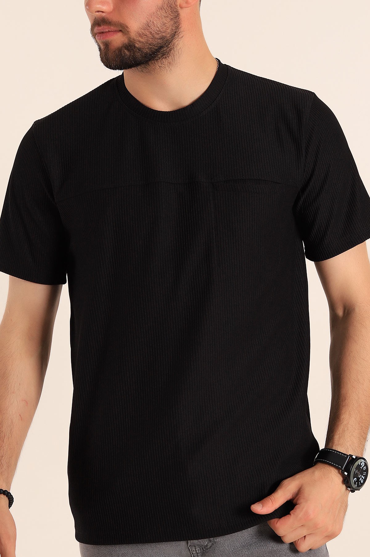 Siyah Slim Fit Fitilli Doku Cepli Erkek Tişört 190182