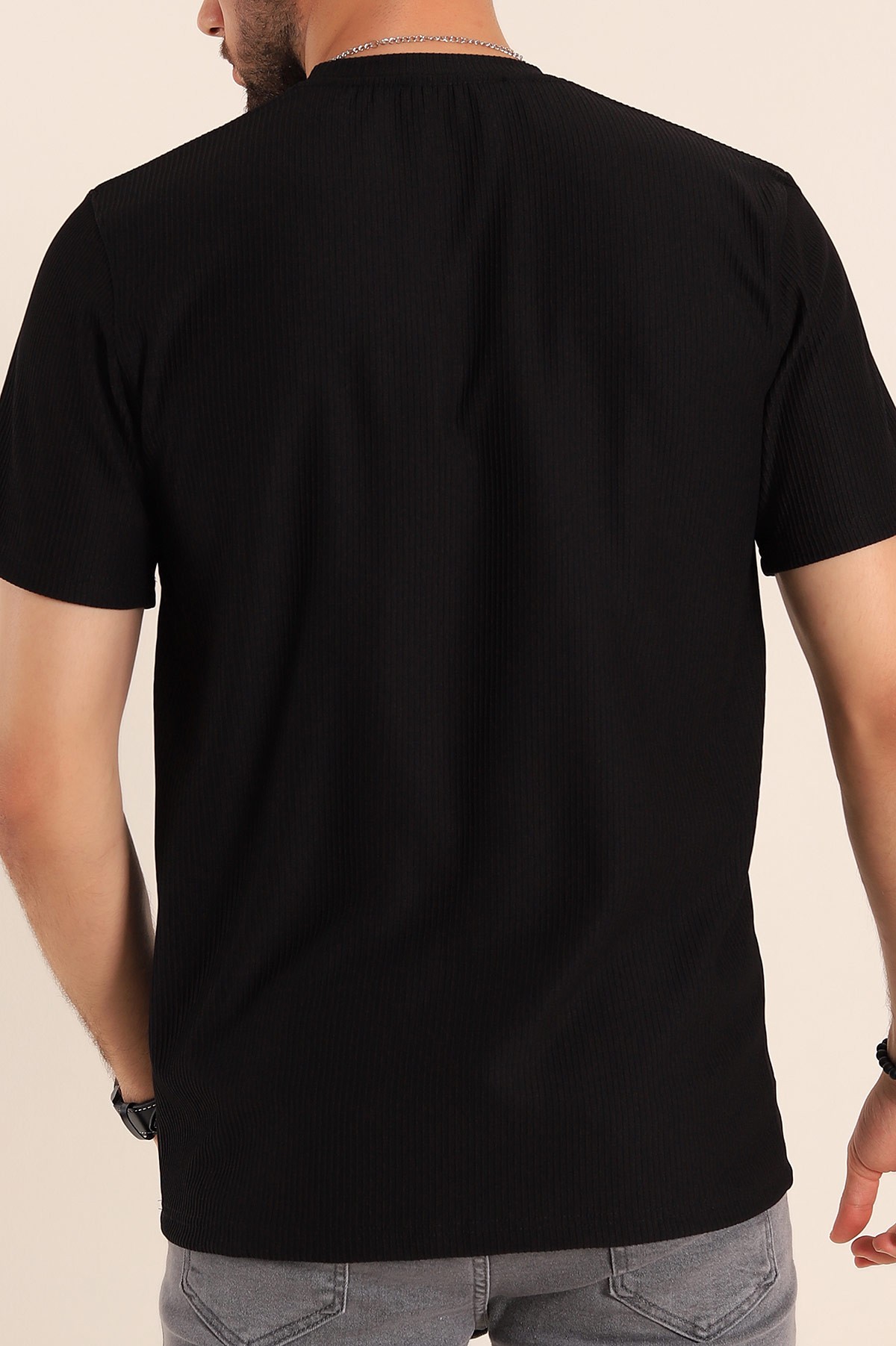Siyah Slim Fit Fitilli Doku Cepli Erkek Tişört 190182