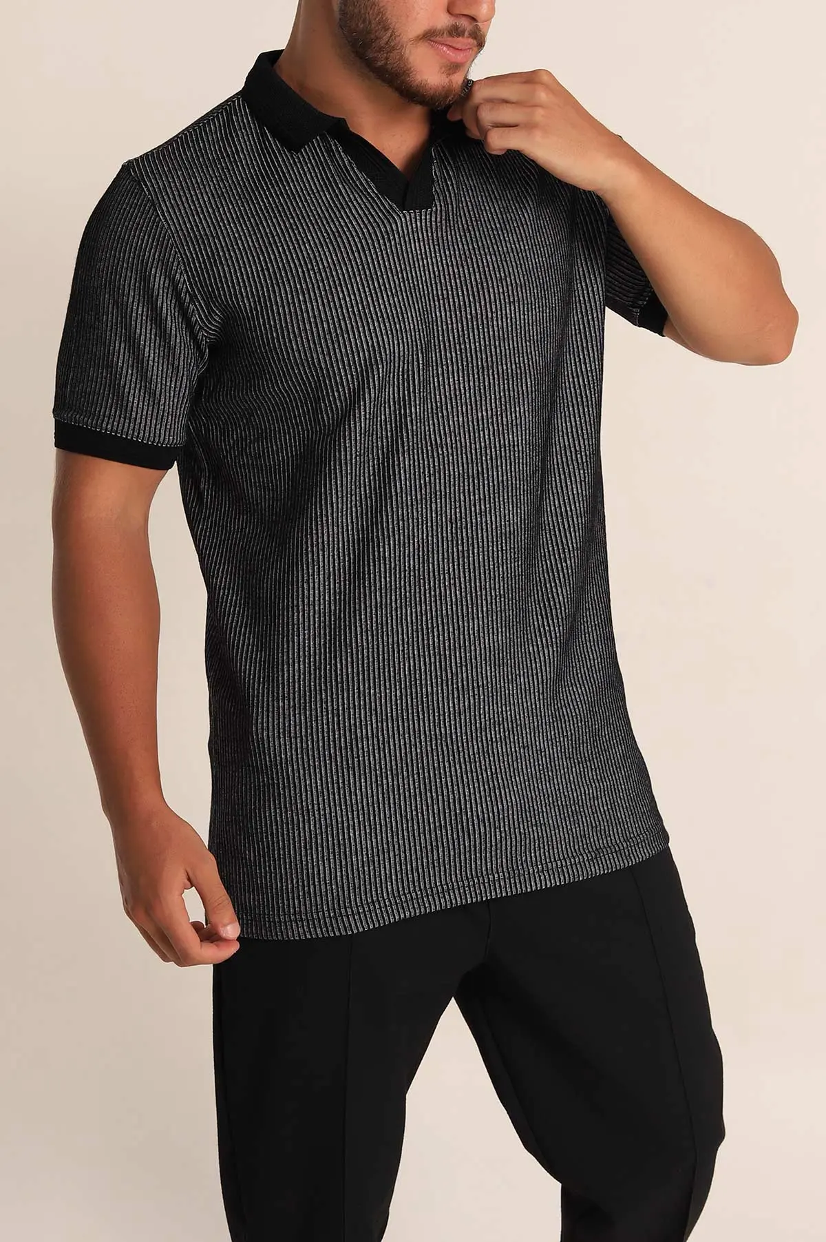 Siyah Slim Fit Fitilli Doku Polo Yaka Erkek Tişört 262702