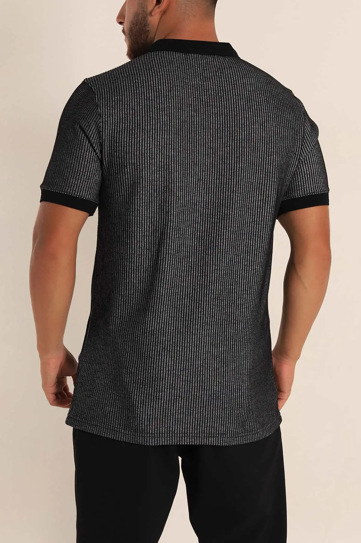 Siyah Slim Fit Fitilli Doku Polo Yaka Erkek Tişört 262702