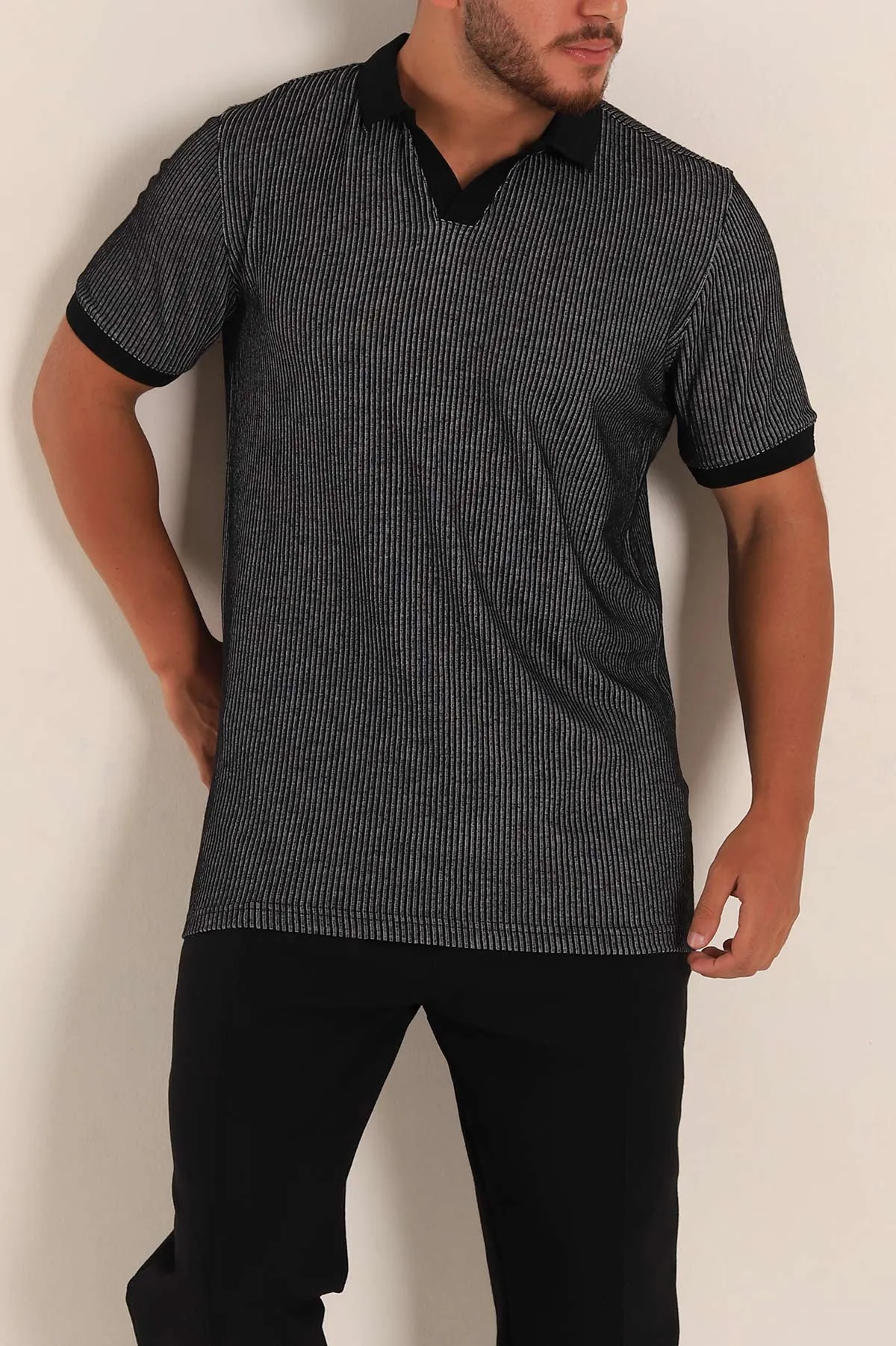 Siyah Slim Fit Fitilli Doku Polo Yaka Erkek Tişört 262702