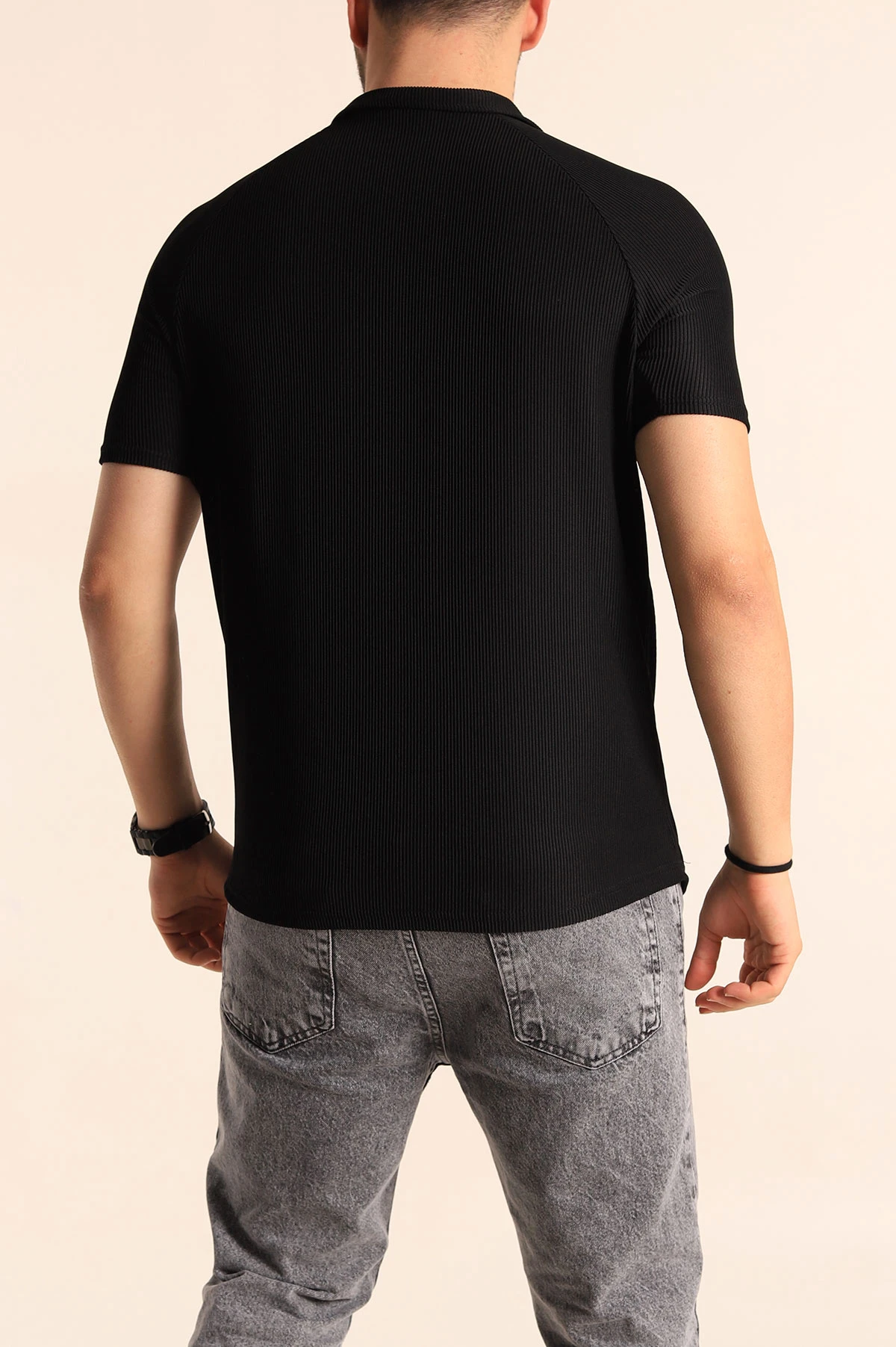 Siyah Slim Fit Jakarlı Fermuarlı Polo Yaka Erkek Tişört 256029