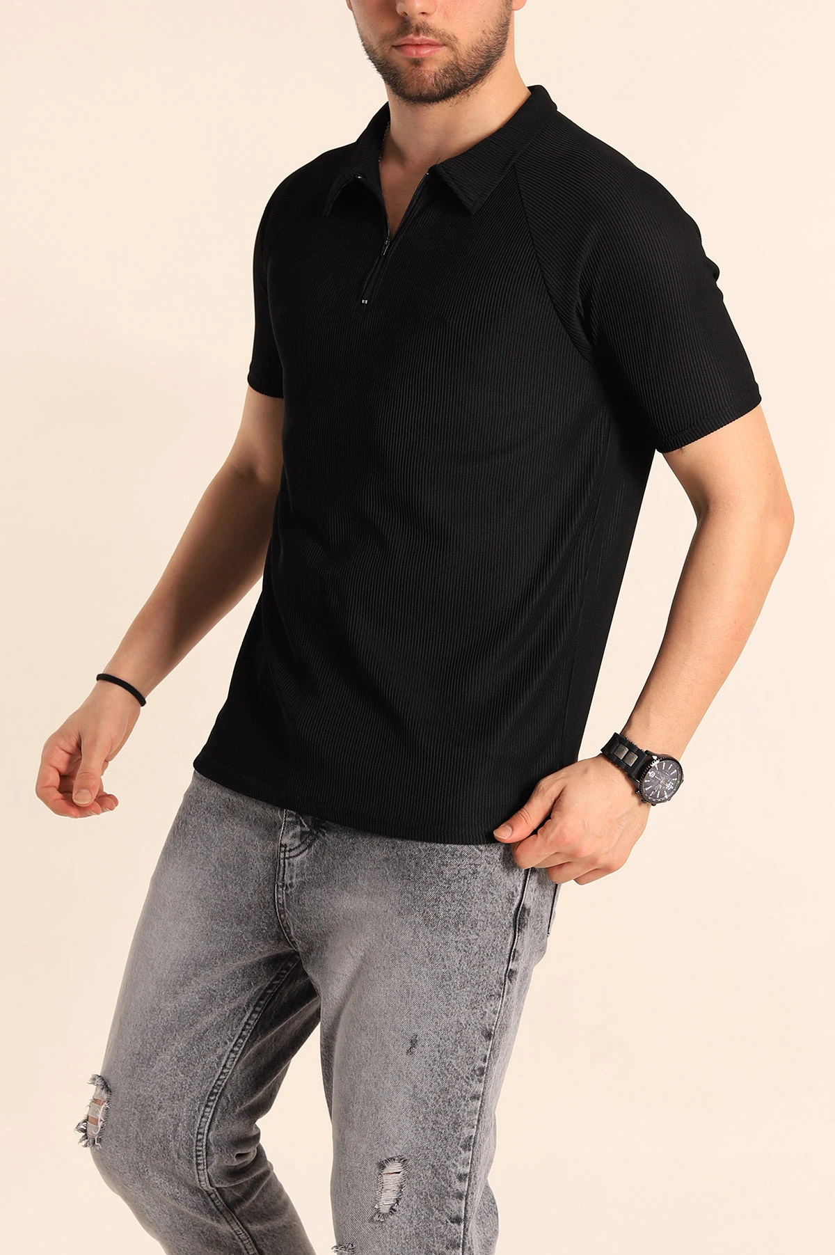 Siyah Slim Fit Jakarlı Fermuarlı Polo Yaka Erkek Tişört 256029