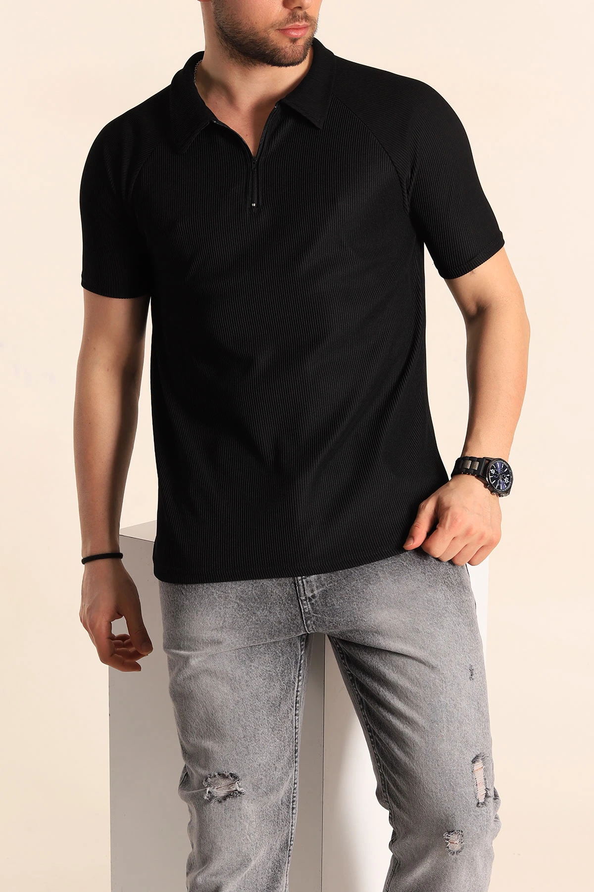 Siyah Slim Fit Jakarlı Fermuarlı Polo Yaka Erkek Tişört 256029