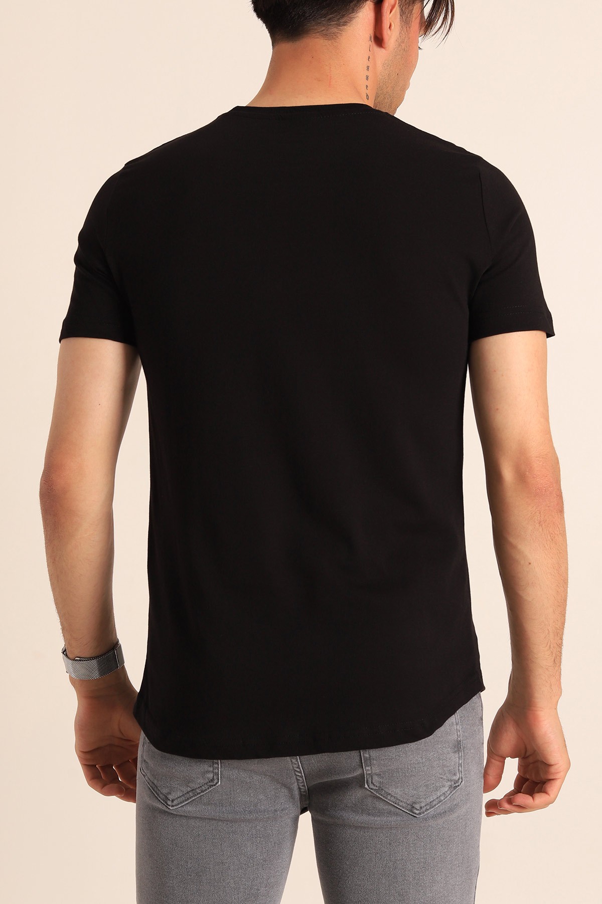Siyah Slim Fit Kabartma Yazı Detay Erkek Tişört 181956