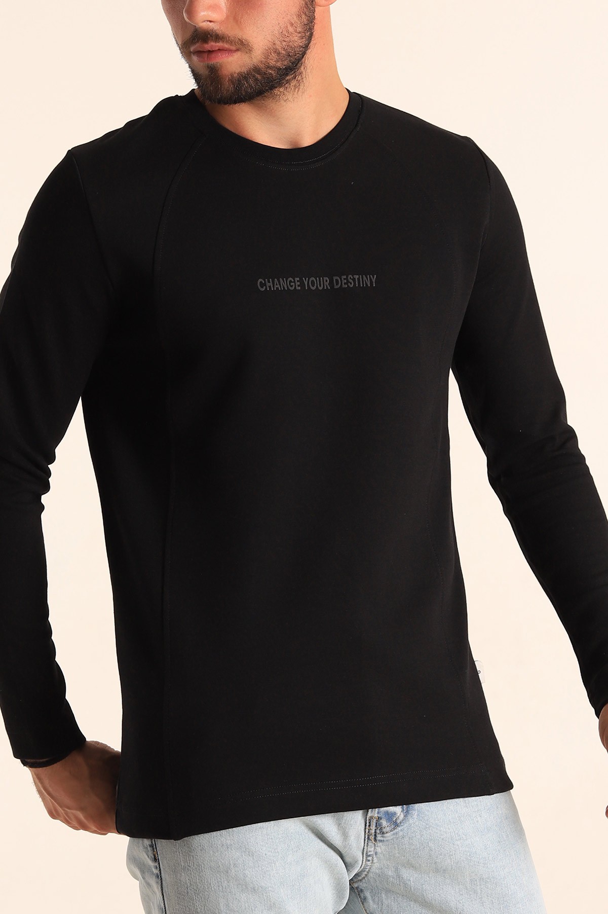 Siyah Slim Fit Kabartma Yazılı Erkek Sweat 205669