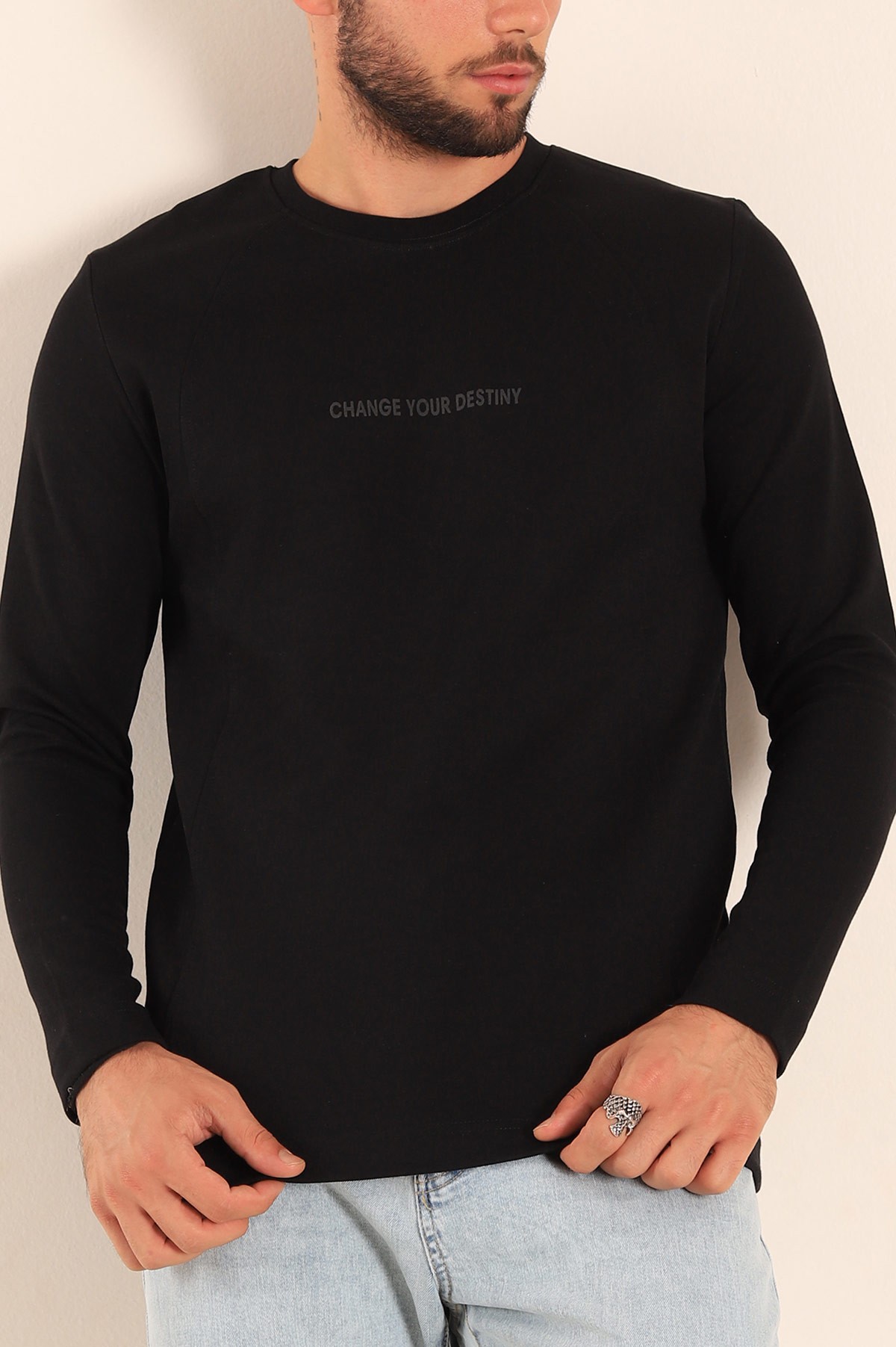 Siyah Slim Fit Kabartma Yazılı Erkek Sweat 205669