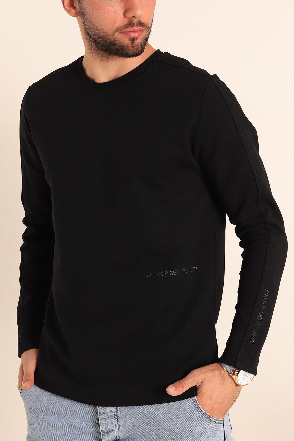 Siyah Slim Fit Kabartma Yazılı Erkek Sweat 205671