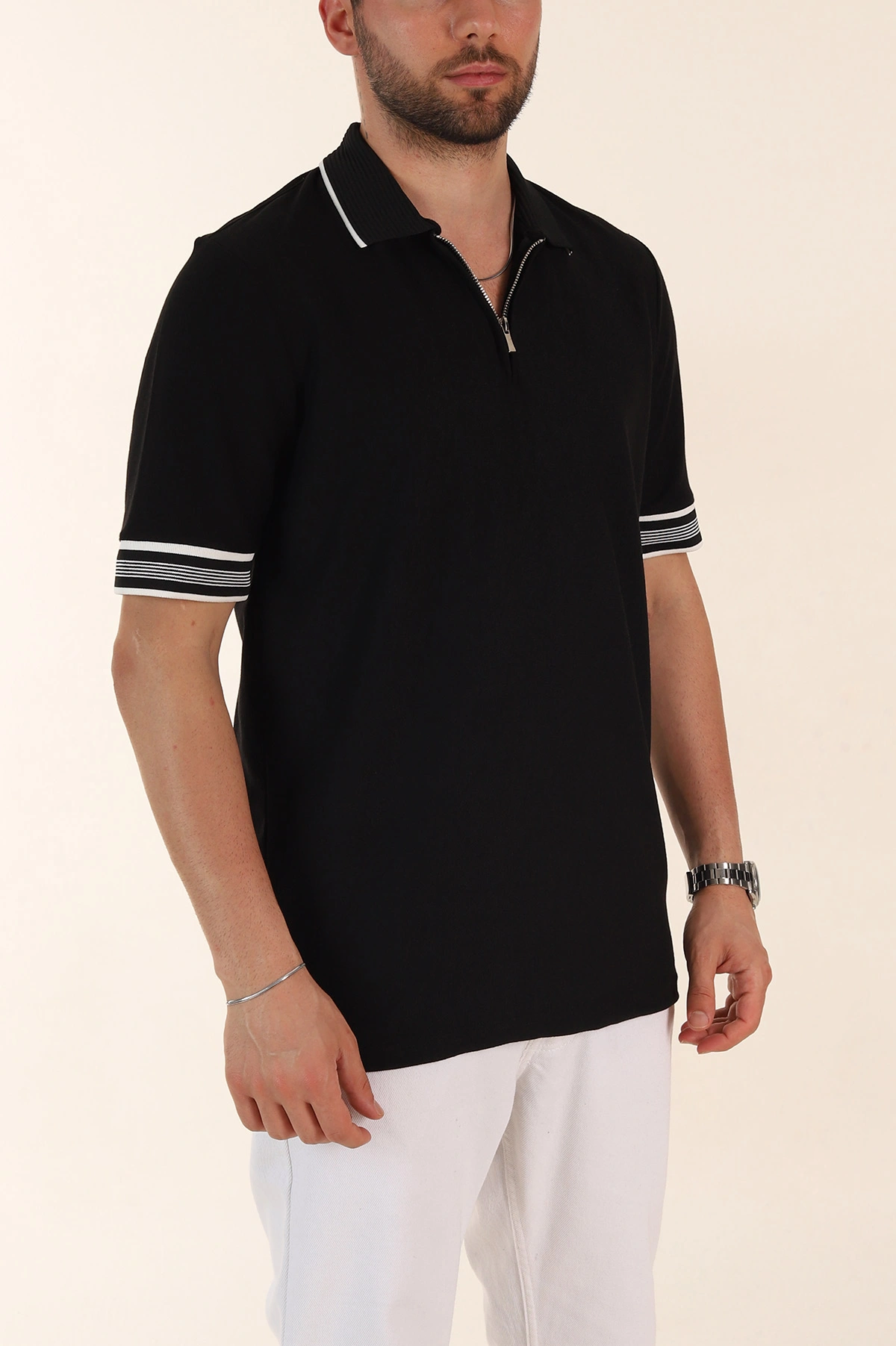 Siyah Slim Fit Kol Detaylı Fermuarlı Polo Yaka Erkek Triko Tişört 369509