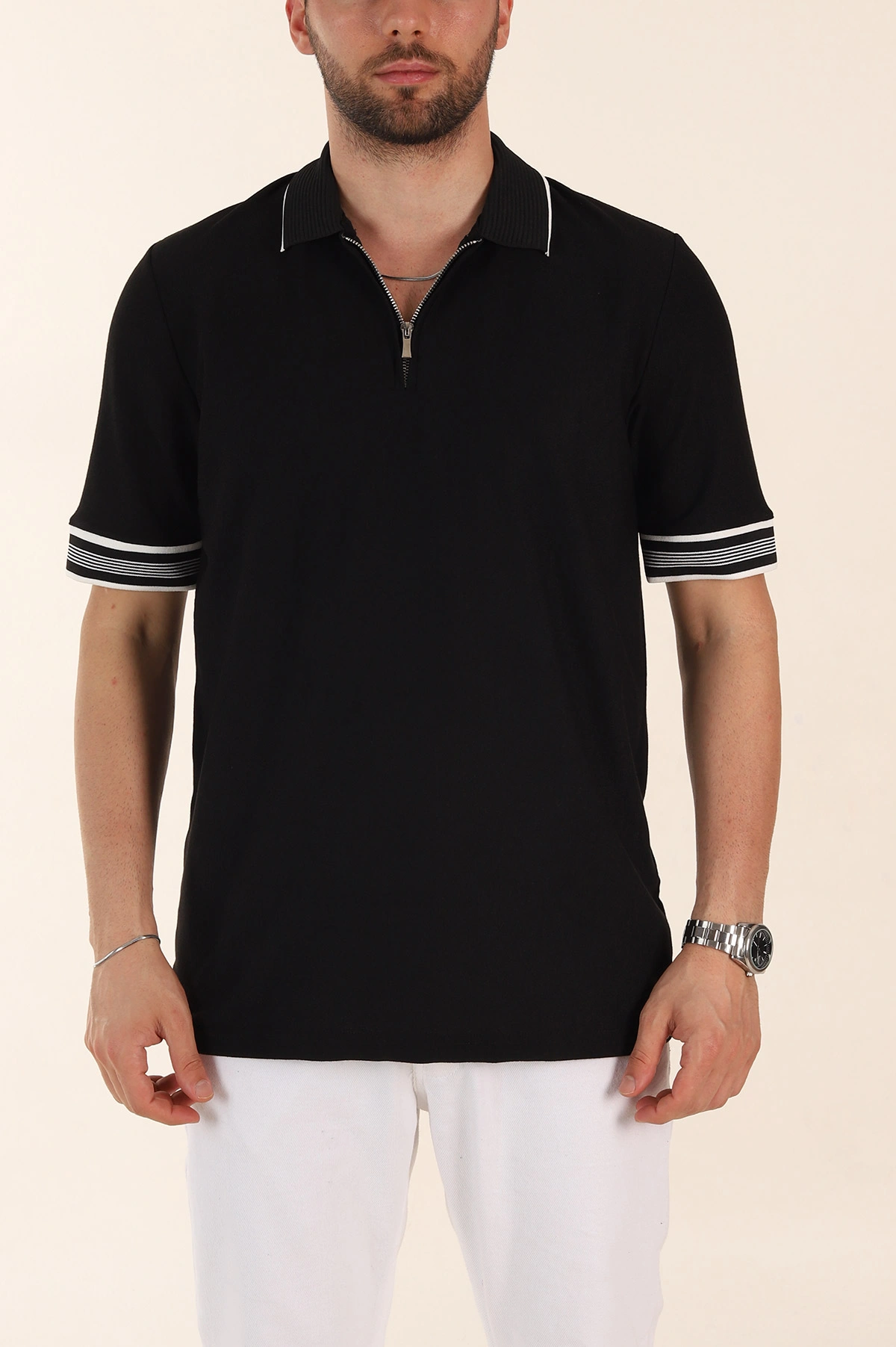 Siyah Slim Fit Kol Detaylı Fermuarlı Polo Yaka Erkek Triko Tişört 369509