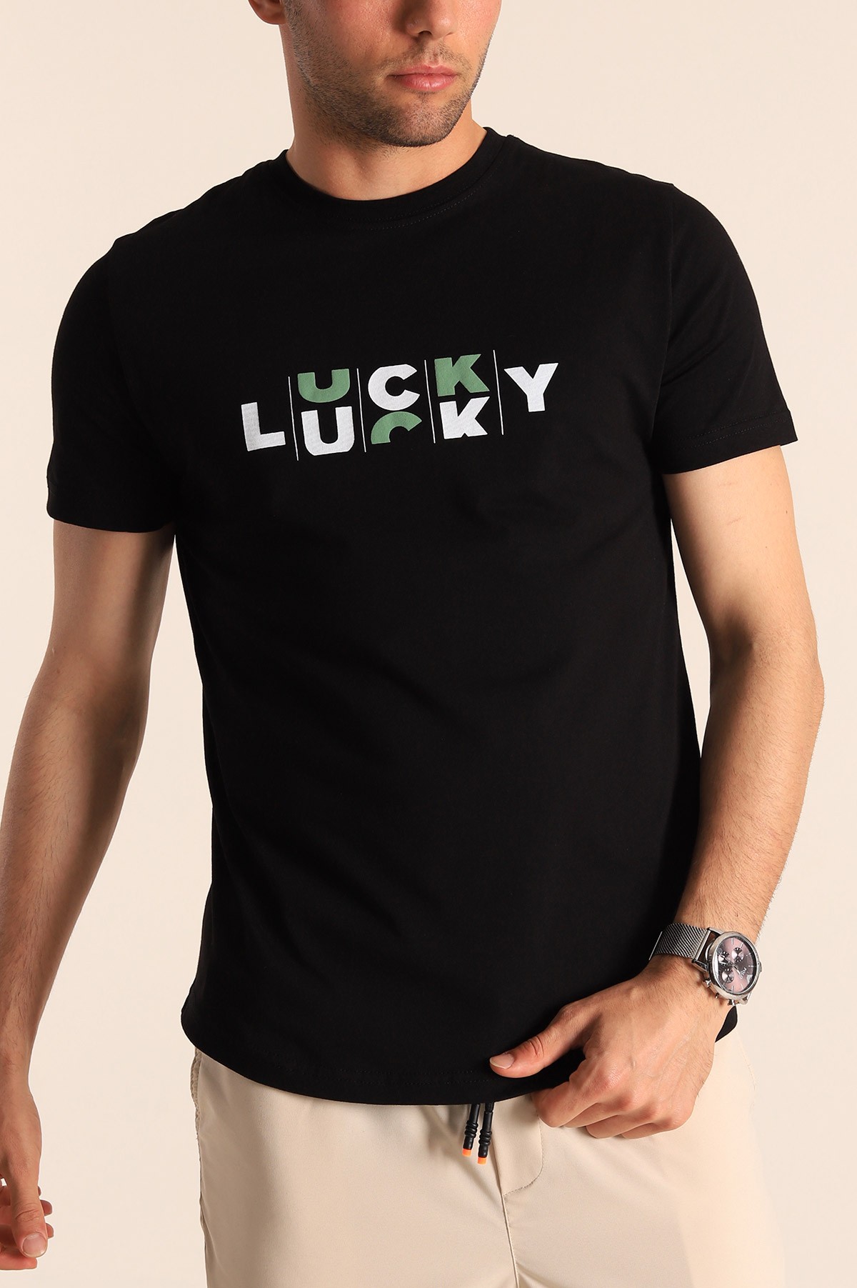 Siyah Slim Fit Lucky Baskılı Erkek Tişört 181961