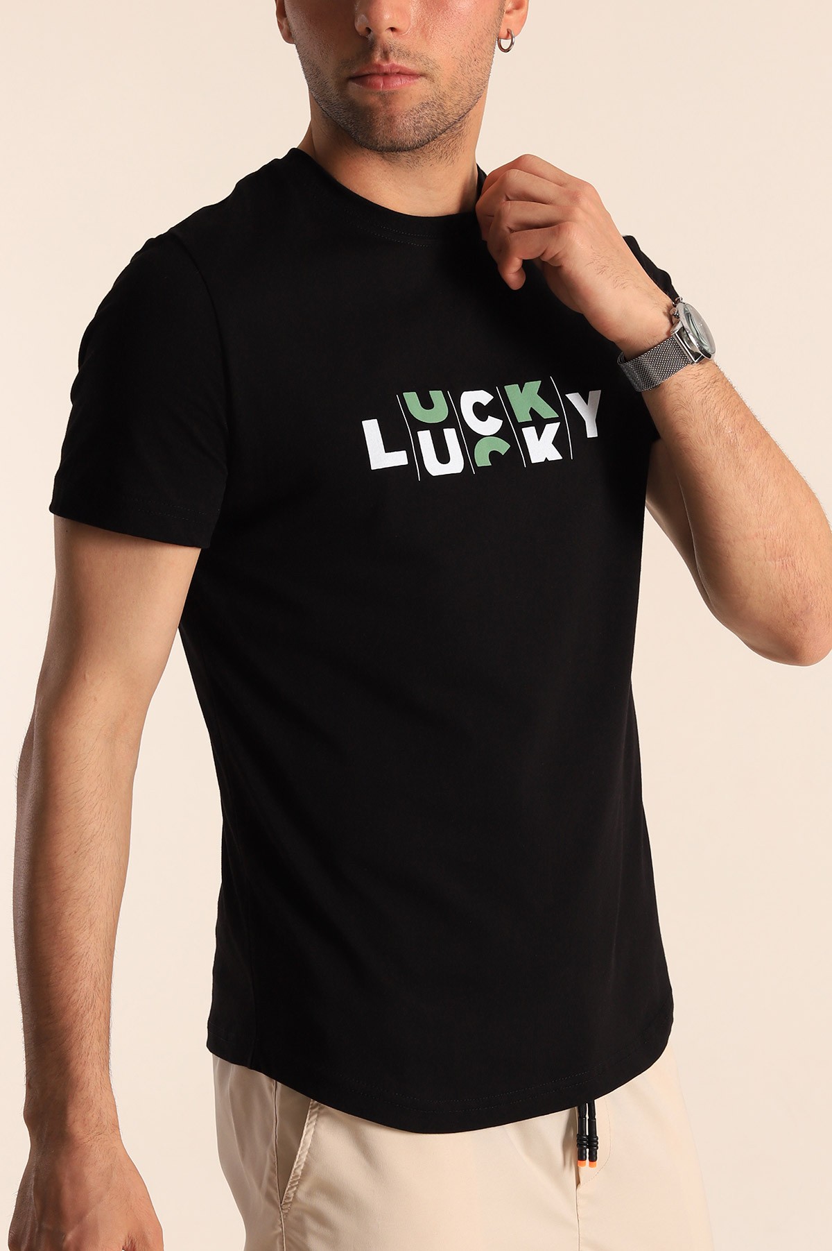 Siyah Slim Fit Lucky Baskılı Erkek Tişört 181961