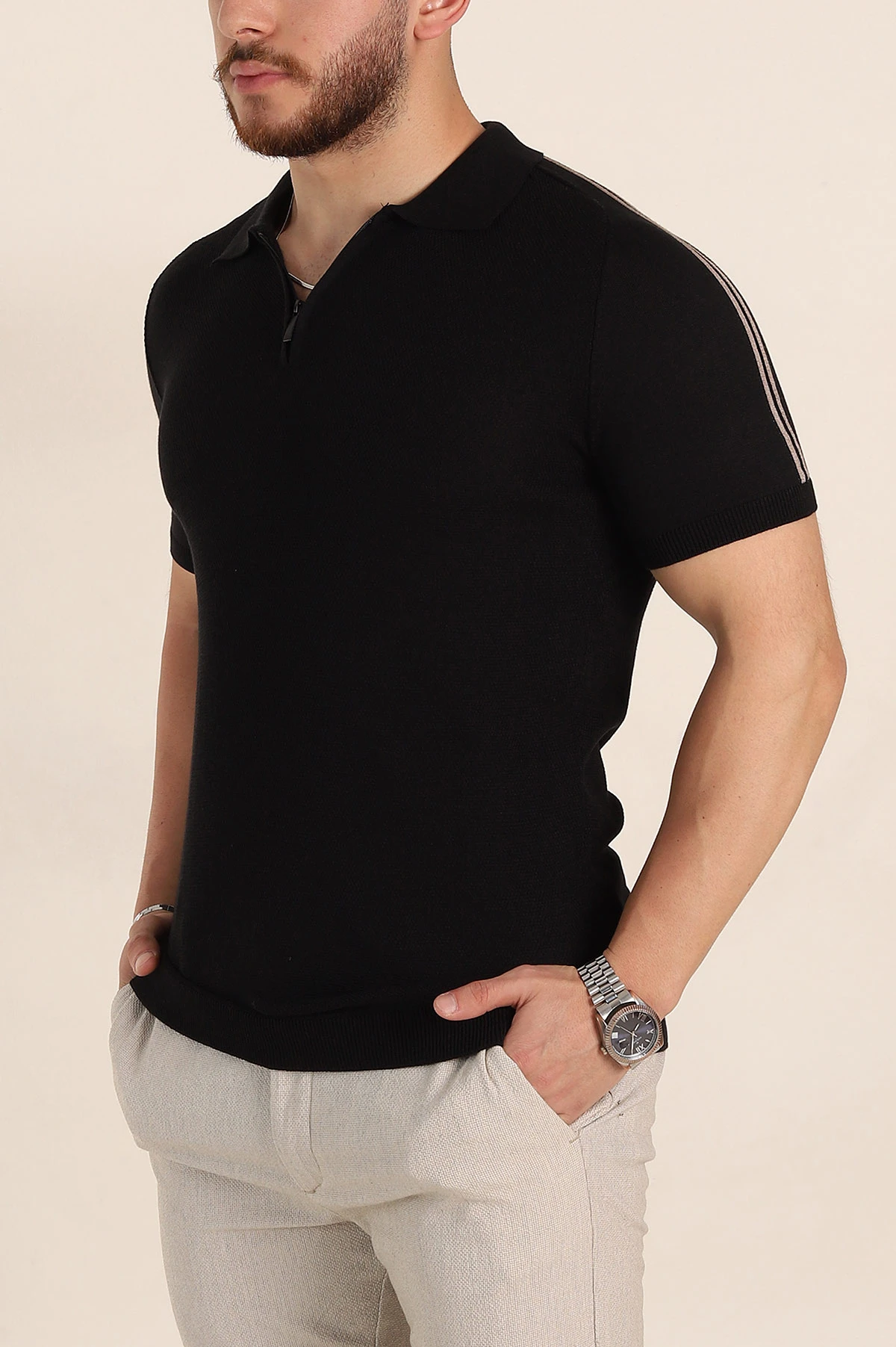 Siyah Slim Fit Omuz Şerit Detaylı Fermuarlı Polo Yaka Erkek Triko Tişört 358398