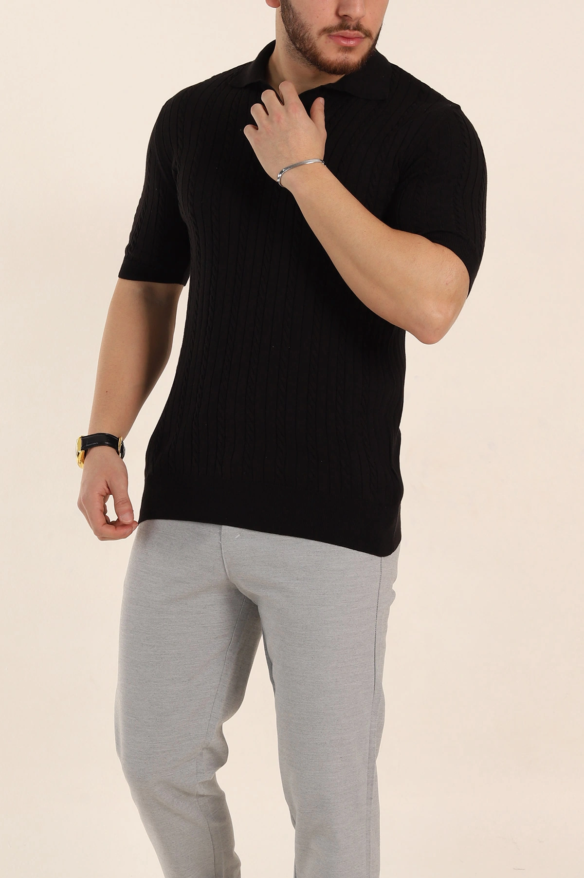 Siyah Slim Fit Örgü Desenli Polo Yaka Kısa Kollu Erkek Triko Tişört 338933