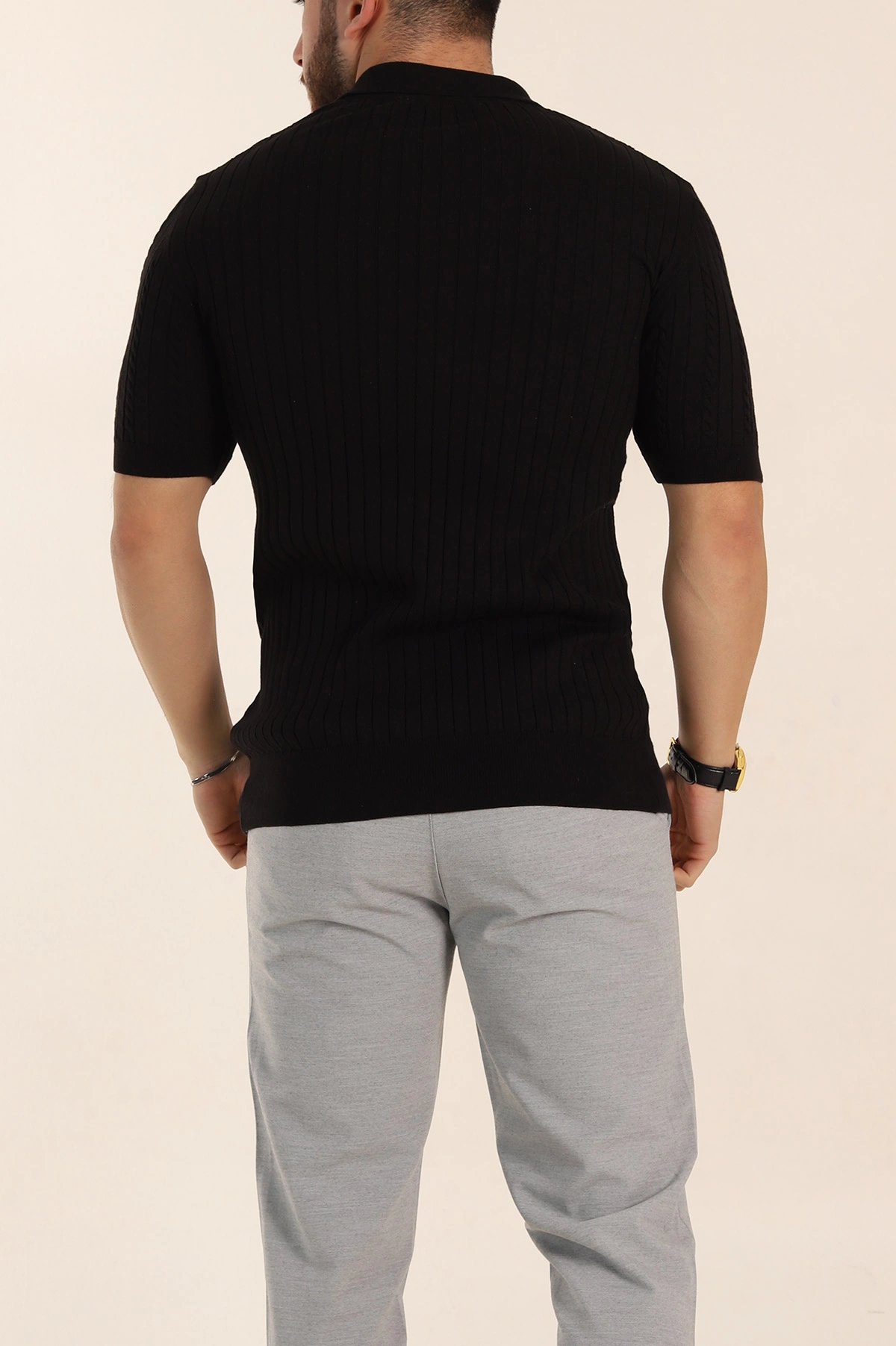 Siyah Slim Fit Örgü Desenli Polo Yaka Kısa Kollu Erkek Triko Tişört 338933