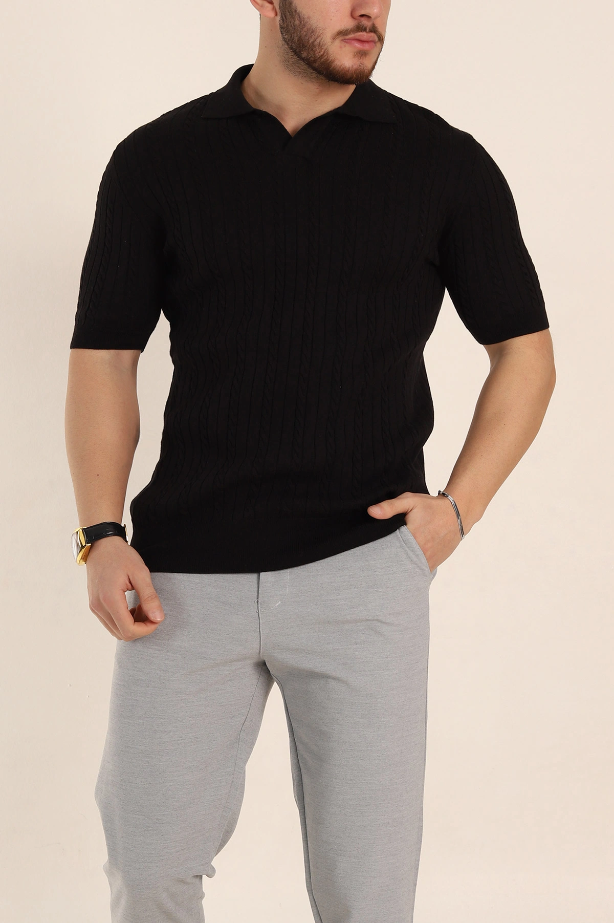 Siyah Slim Fit Örgü Desenli Polo Yaka Kısa Kollu Erkek Triko Tişört 338933