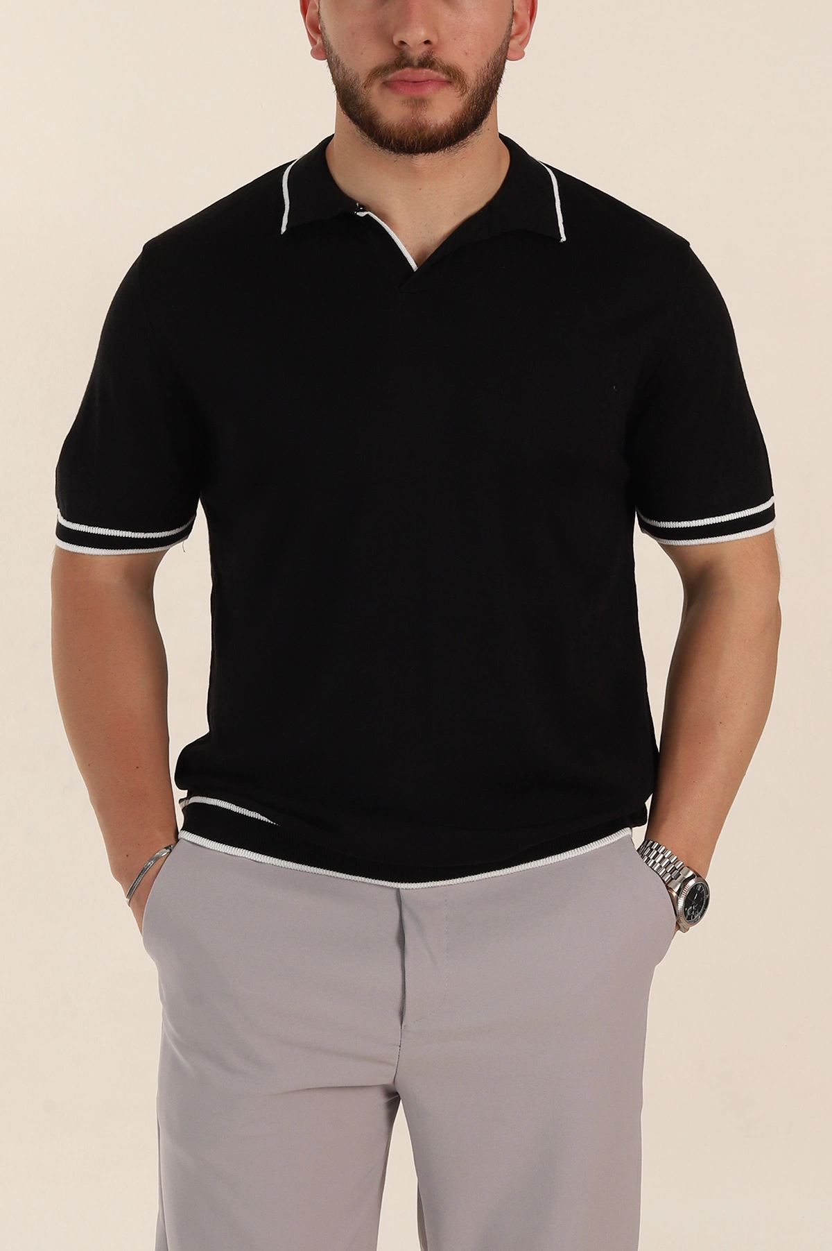 Siyah Slim Fit Patlı Polo Yaka Erkek Triko Tişört 358351