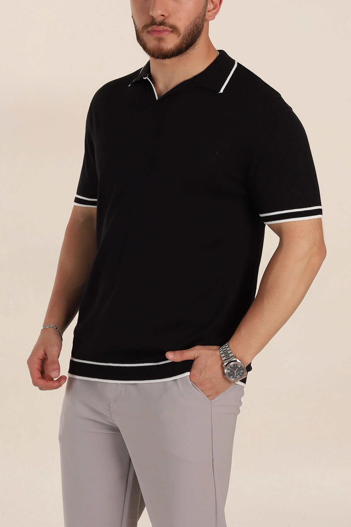 Siyah Slim Fit Patlı Polo Yaka Erkek Triko Tişört 358351