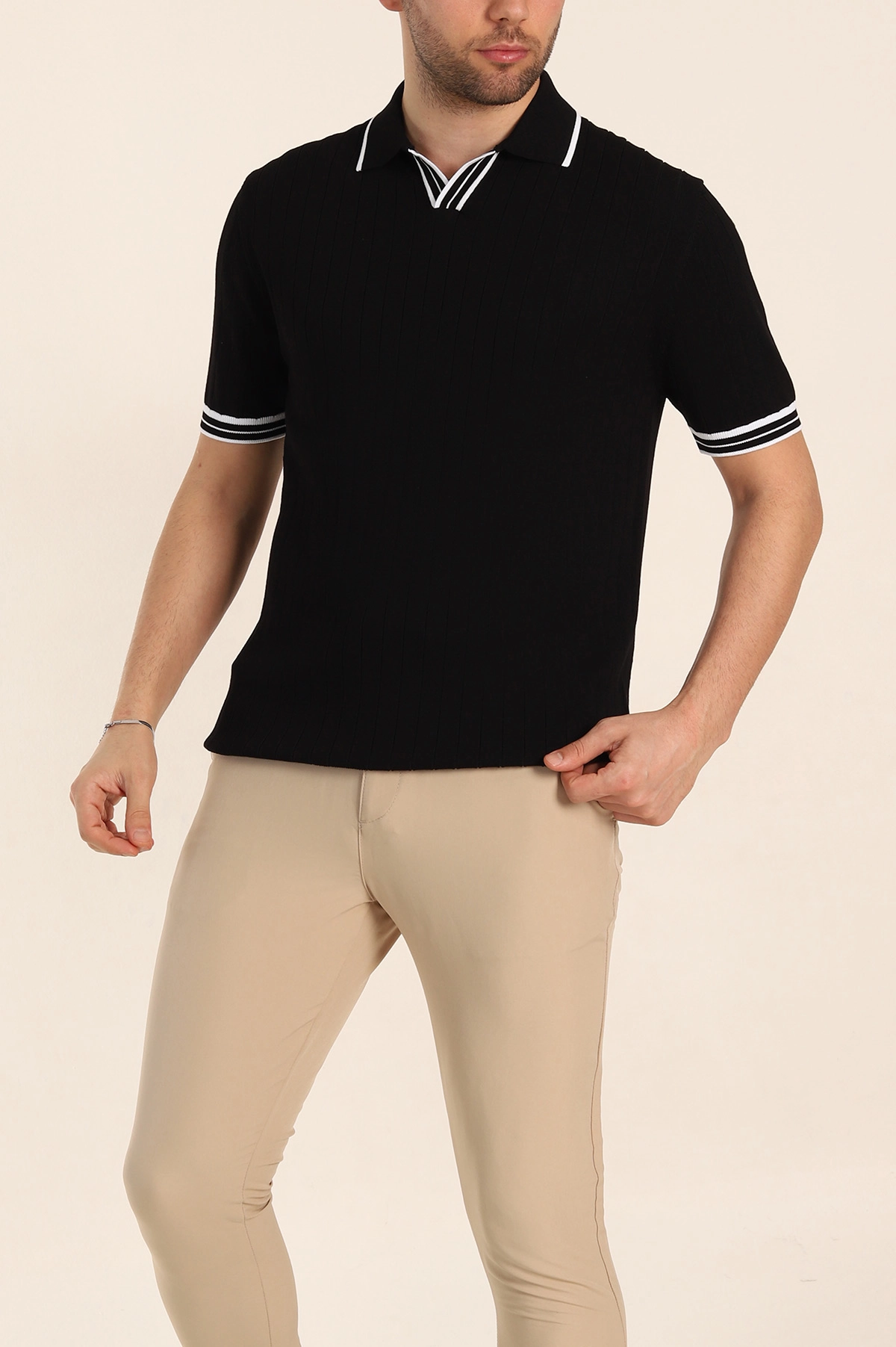 Siyah Slim Fit Patlı Polo Yaka Kısa Kollu Erkek Triko Tişört 338580