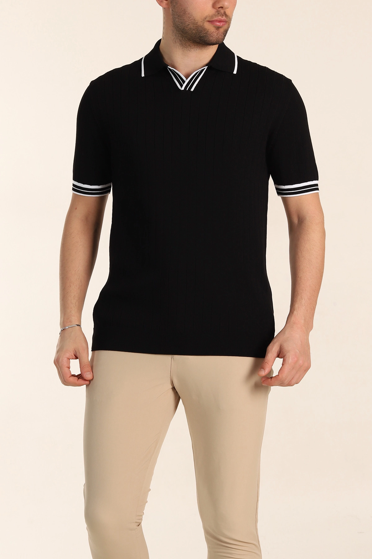 Siyah Slim Fit Patlı Polo Yaka Kısa Kollu Erkek Triko Tişört 338580