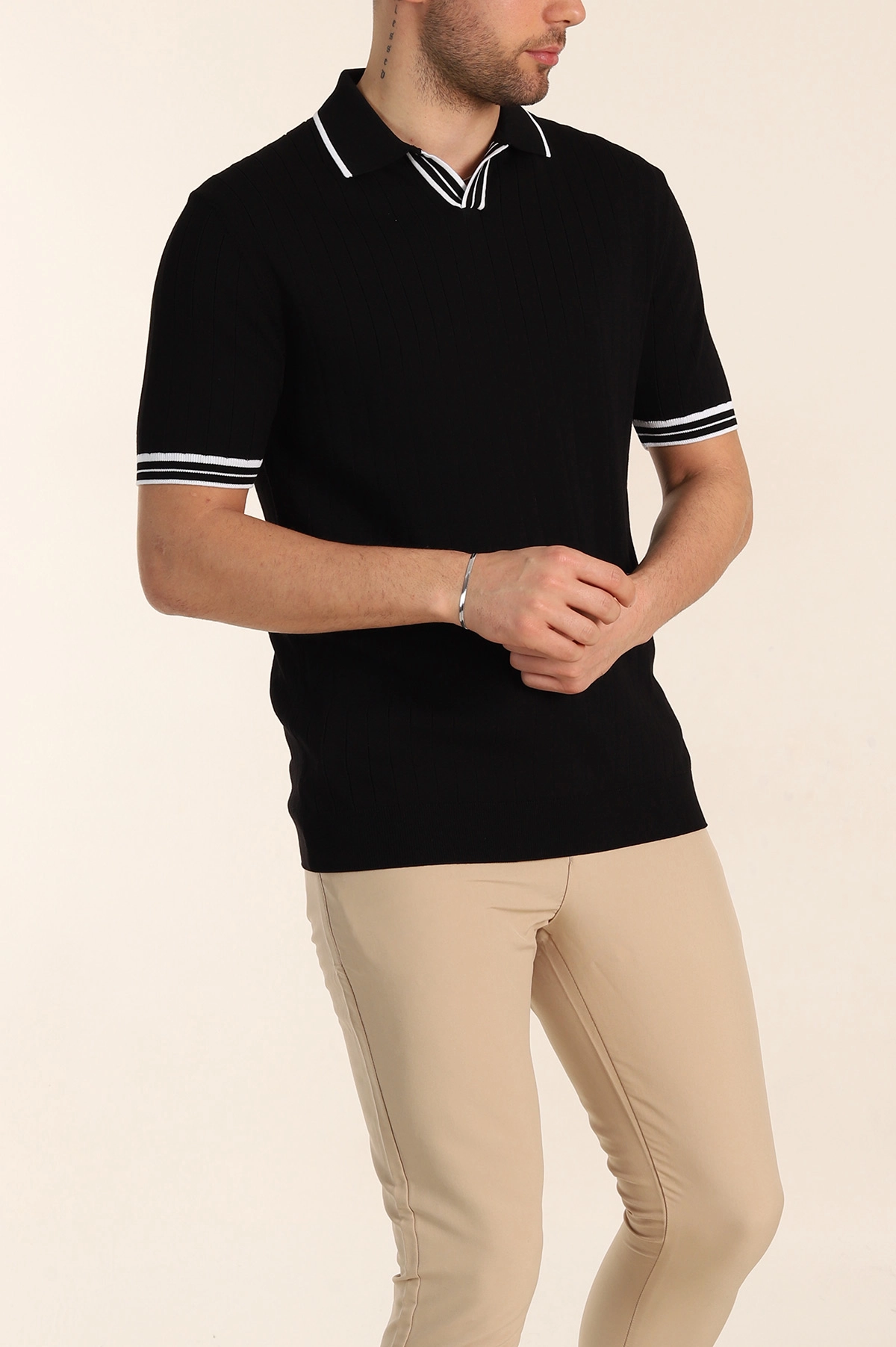 Siyah Slim Fit Patlı Polo Yaka Kısa Kollu Erkek Triko Tişört 338580