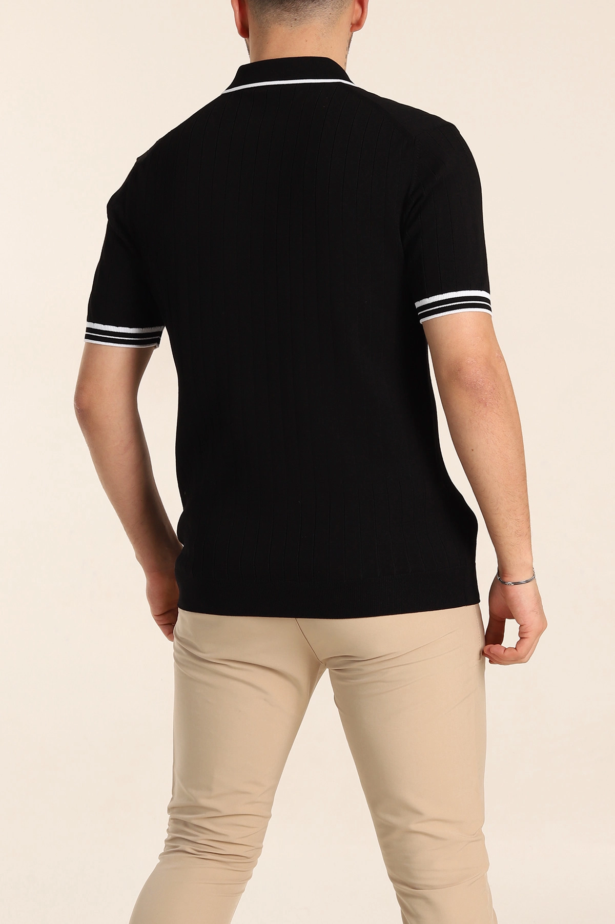 Siyah Slim Fit Patlı Polo Yaka Kısa Kollu Erkek Triko Tişört 338580