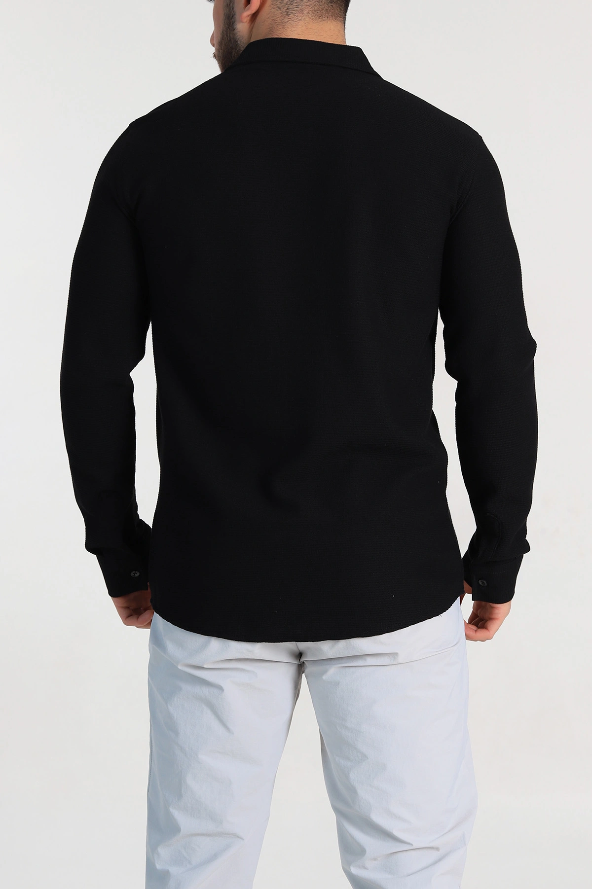 Siyah Slim Fit Petek Dokulu Uzun Kollu Erkek Gömlek 325209