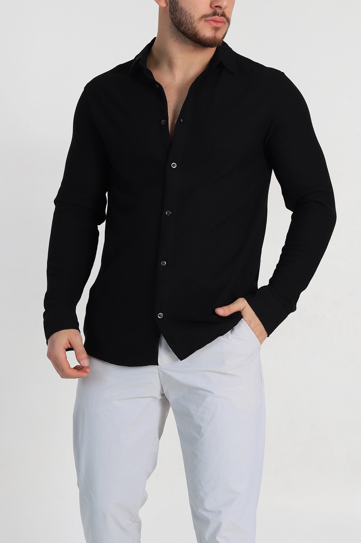 Siyah Slim Fit Petek Dokulu Uzun Kollu Erkek Gömlek 325209