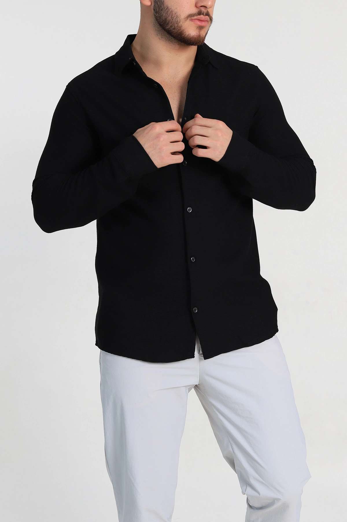 Siyah Slim Fit Petek Dokulu Uzun Kollu Erkek Gömlek 325209