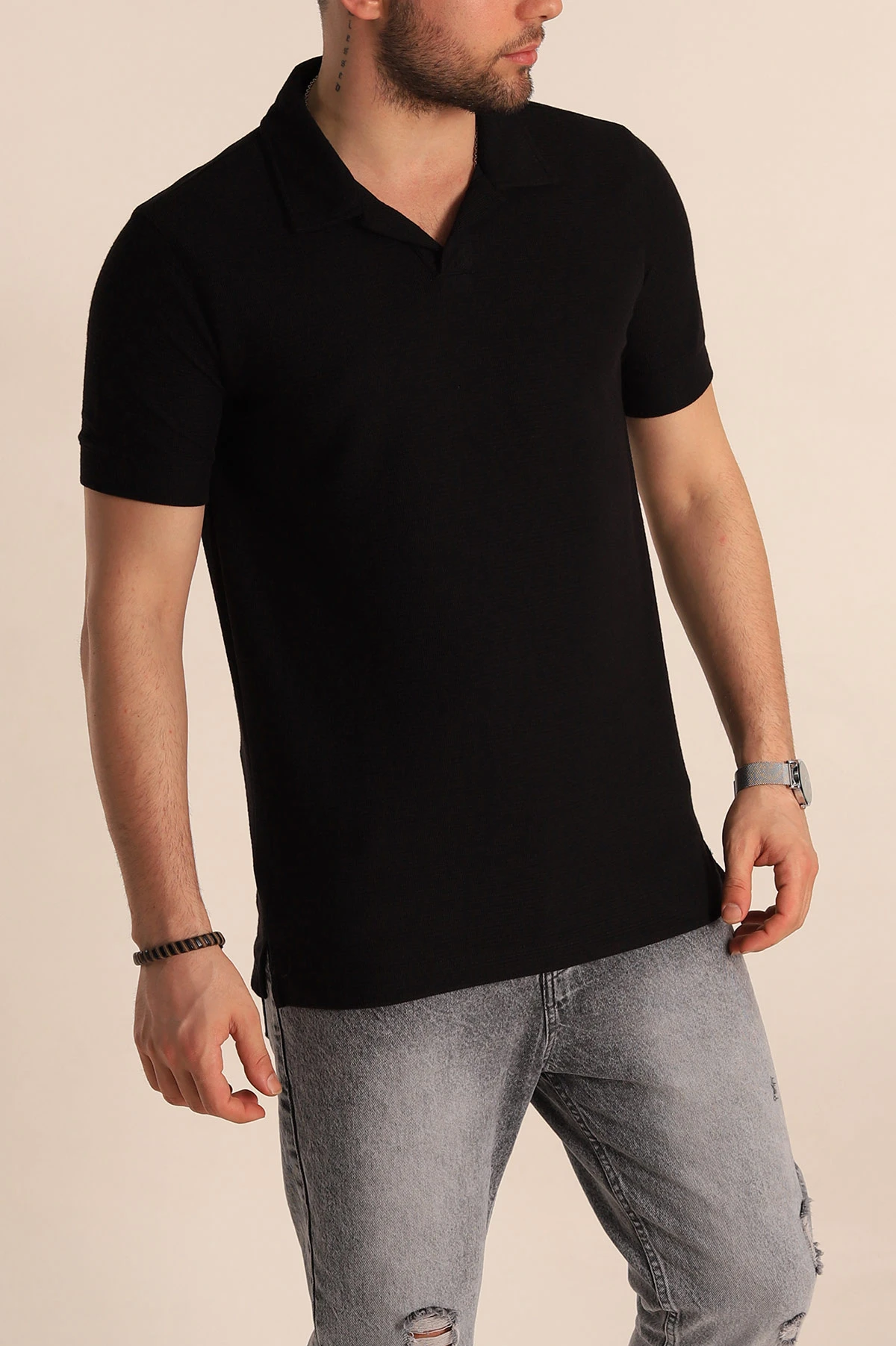 Siyah Slim Fit Polo Yaka Erkek Tişört 262903
