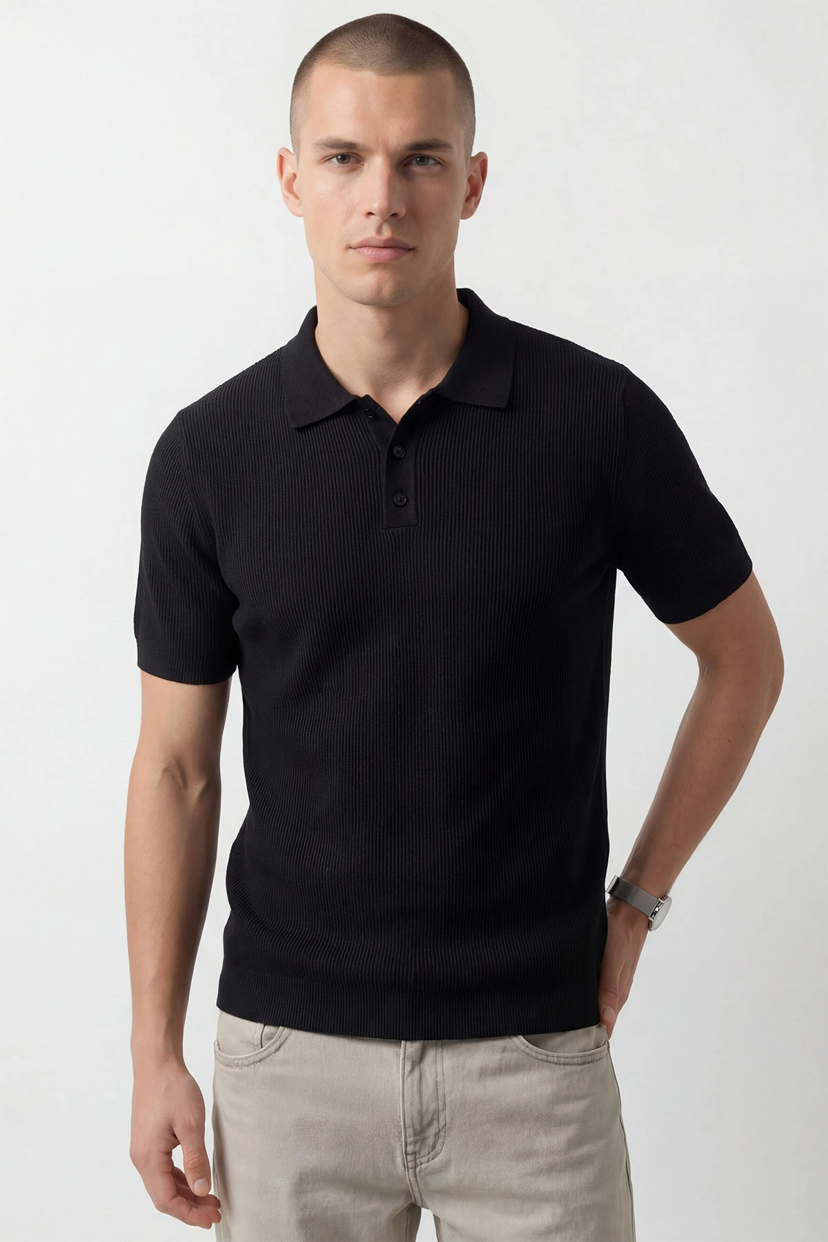 Siyah Slim Fit Polo Yaka Triko Erkek Tişört 449049