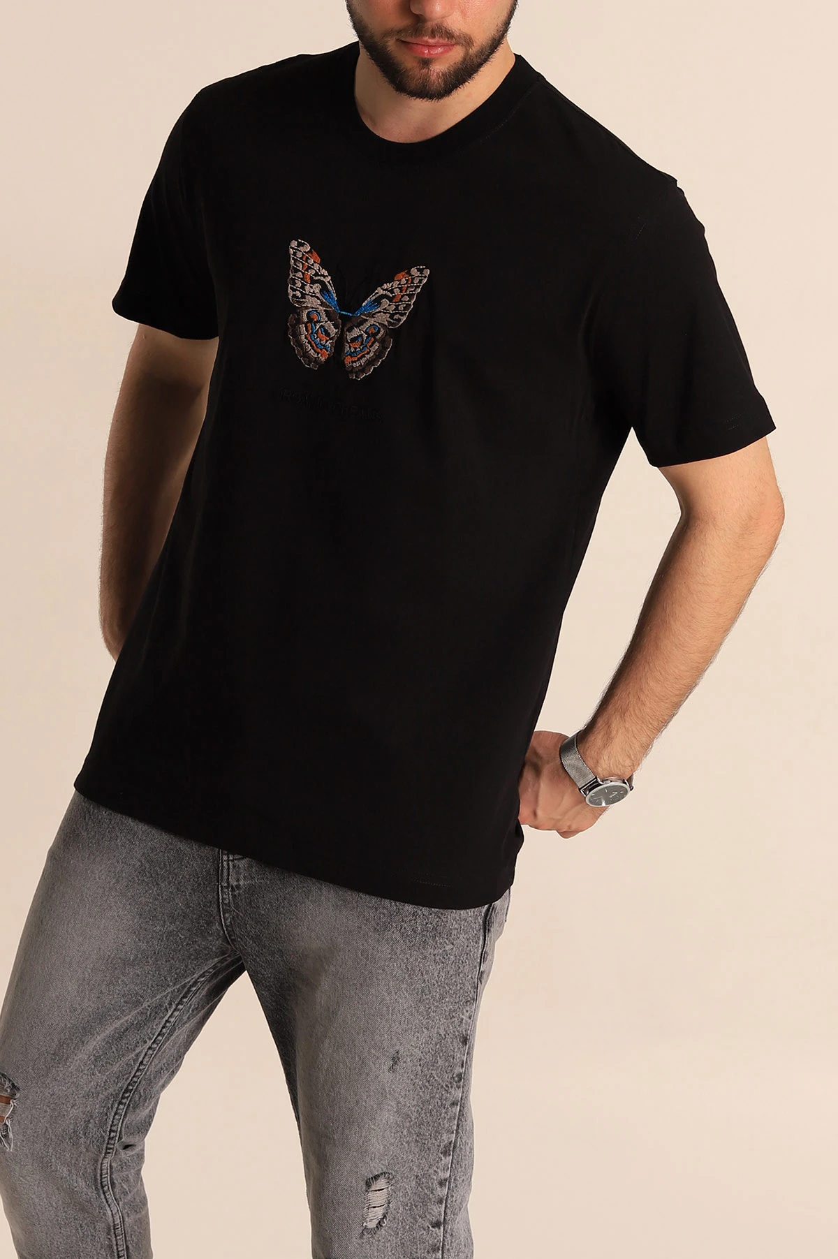 Siyah Slim Fit Suprem Kumaş Kelebek Nakışlı Erkek Tişört 275978