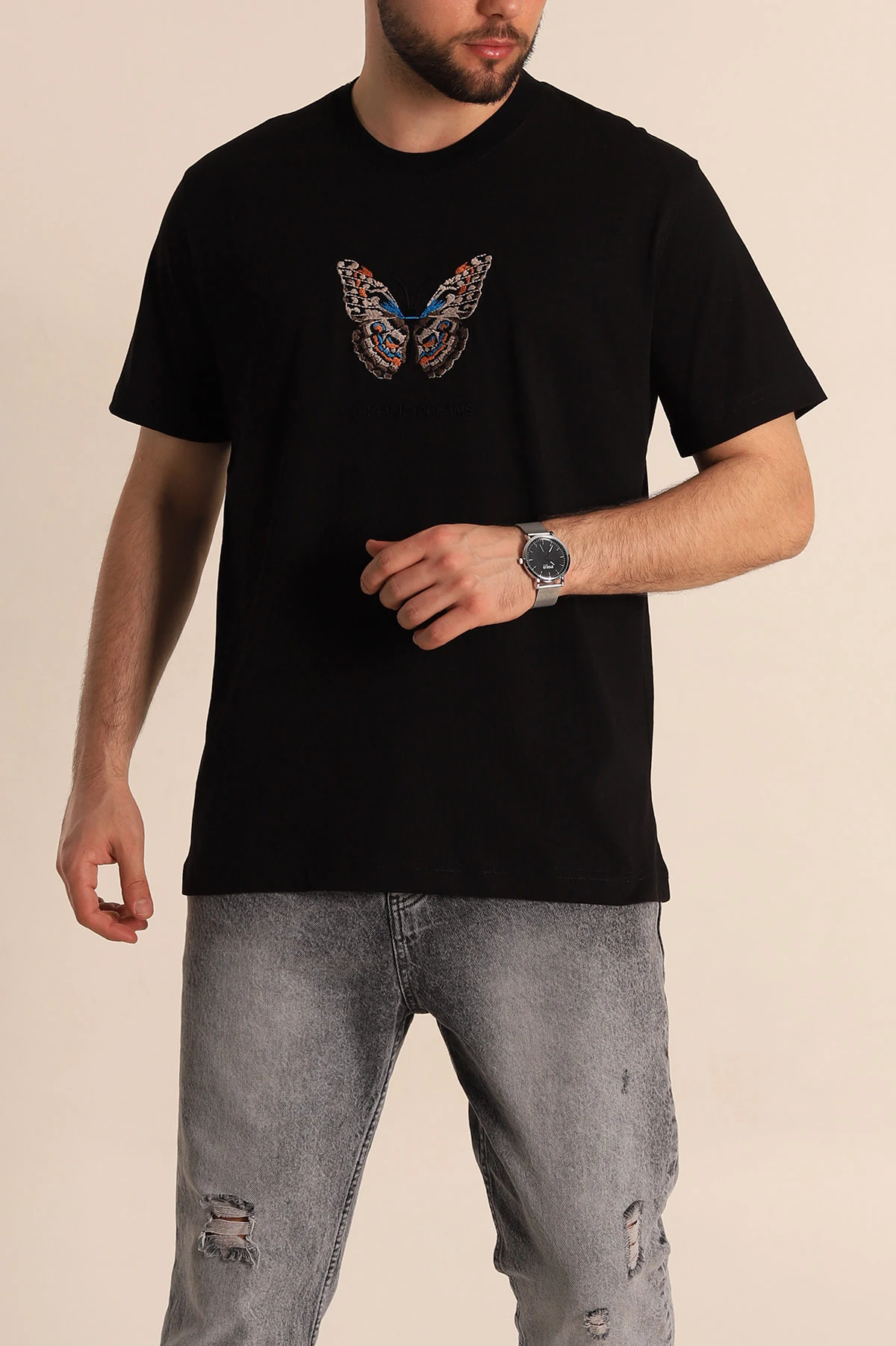 Siyah Slim Fit Suprem Kumaş Kelebek Nakışlı Erkek Tişört 275978