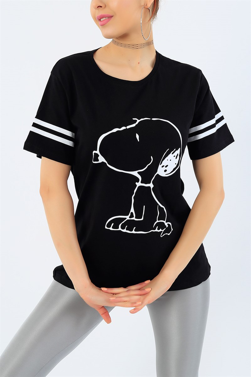 Siyah Snoopy Baskılı Bayan Tişört 32874