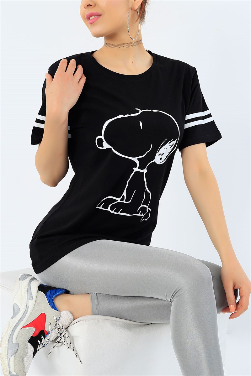 Siyah Snoopy Baskılı Bayan Tişört 32874