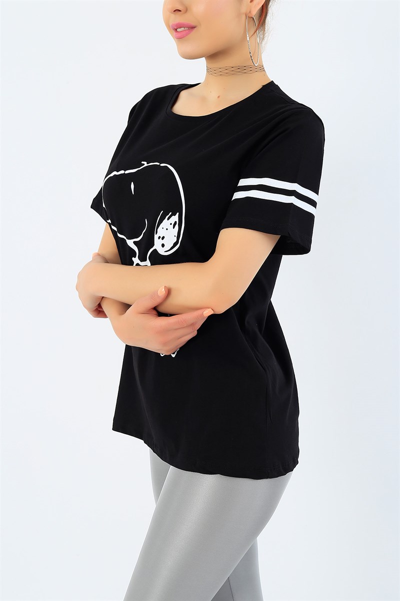 Siyah Snoopy Baskılı Bayan Tişört 32874