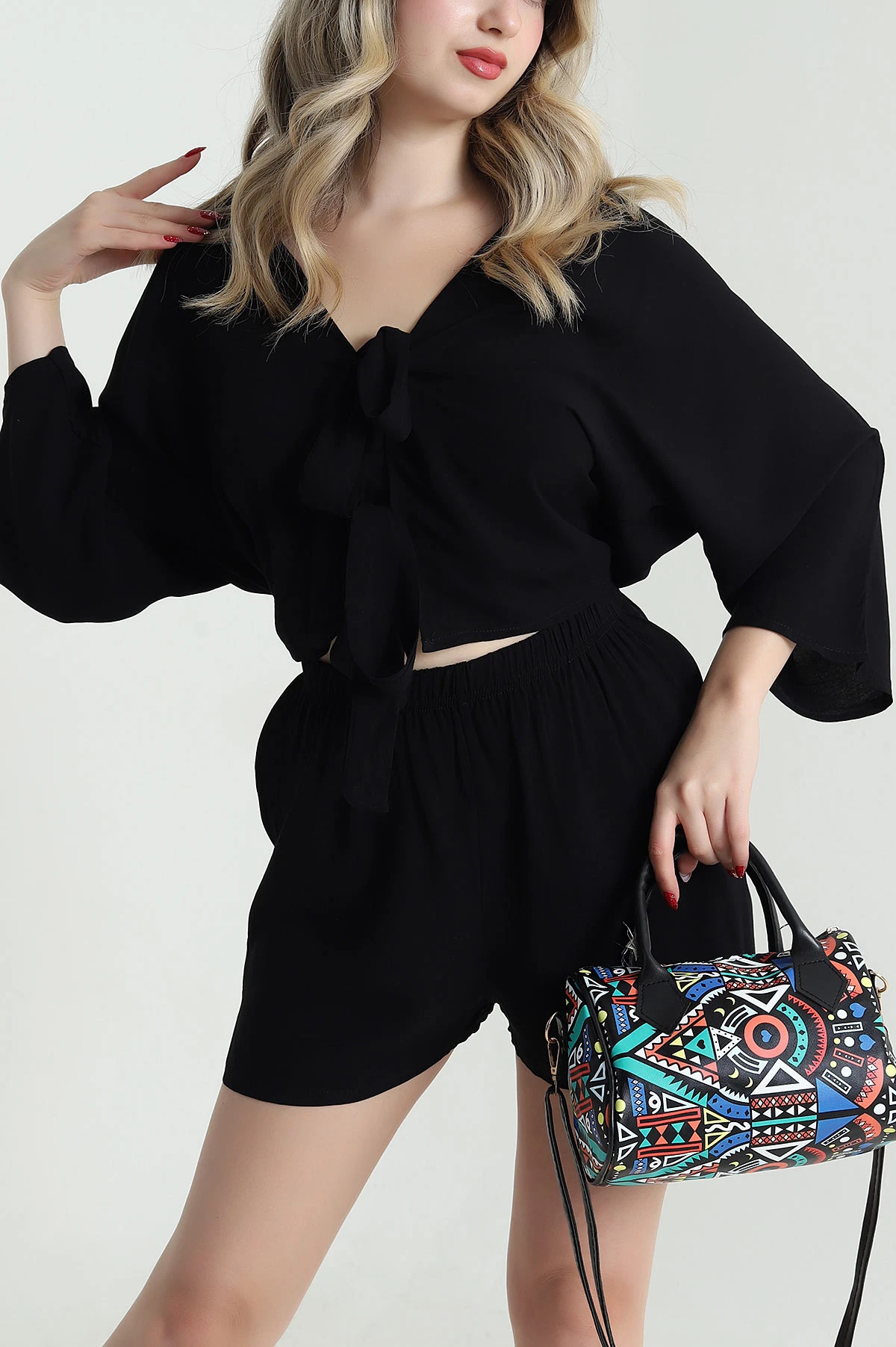 Siyah Şortlu Kimono Viskon Kadın İkili Takım 473829