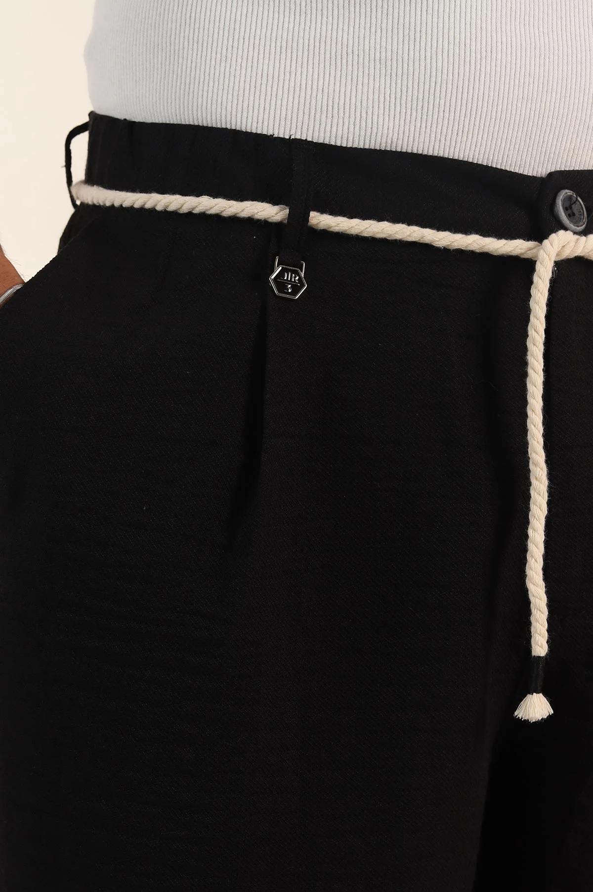 Siyah Süper Baggy Keten Belden Bağlamalı Erkek Pantolon 380889