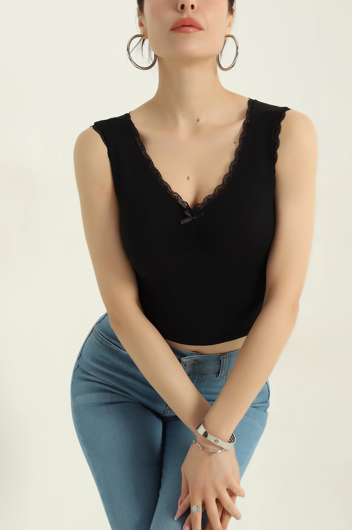 Siyah Süprem Kumaş Fiyonklu Kadın Atlet 372674