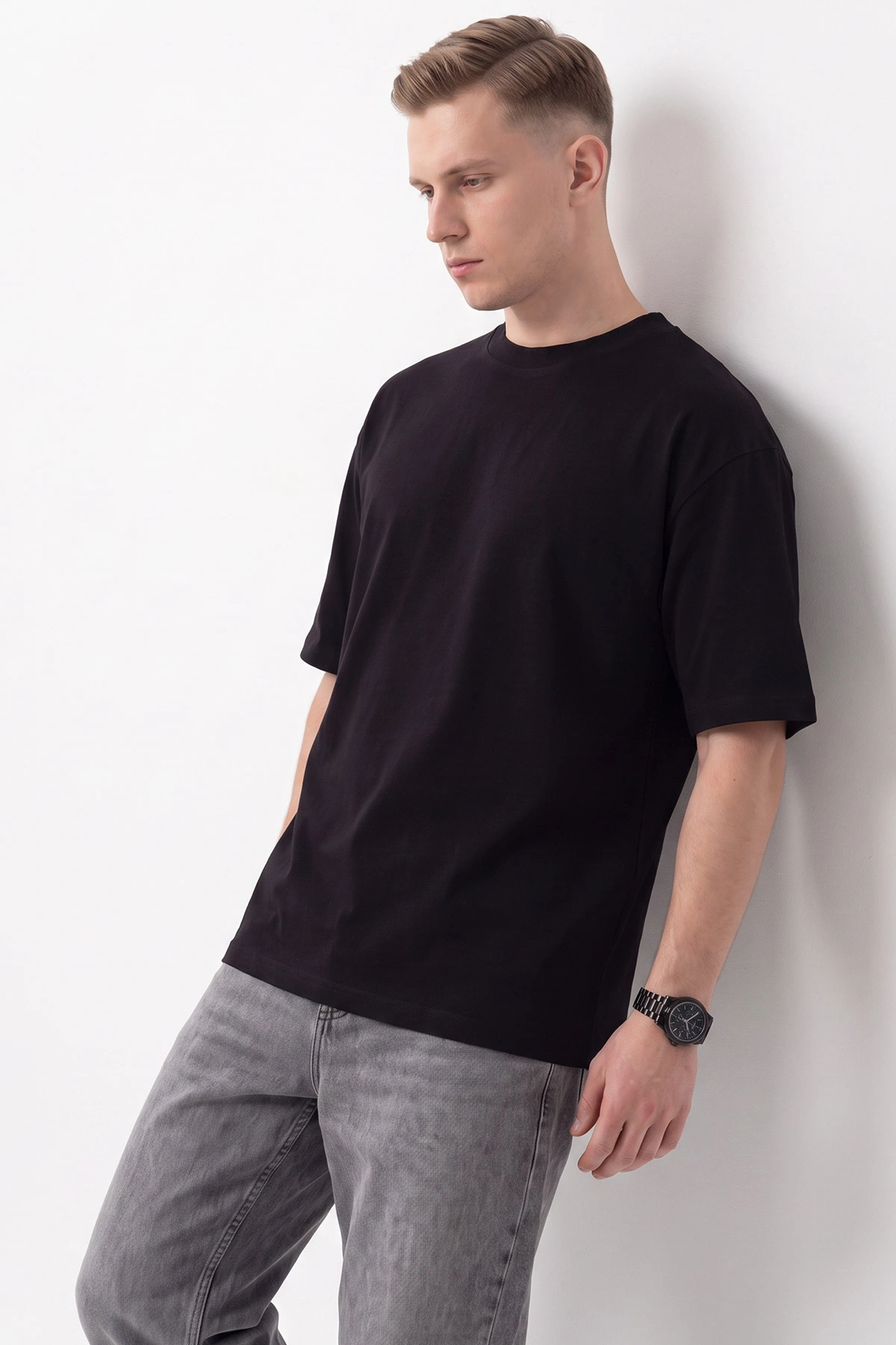 Siyah Süprem Kumaş Oversize Sıfır Yaka Erkek Tişört 487711
