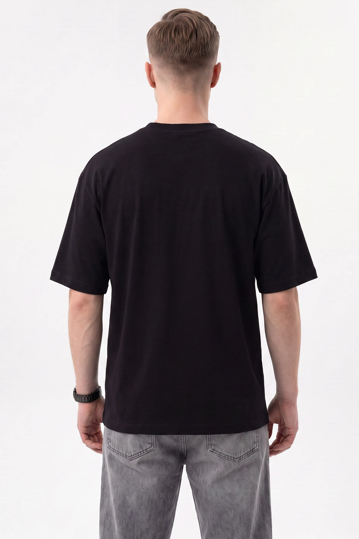 Siyah Süprem Kumaş Oversize Sıfır Yaka Erkek Tişört 487711