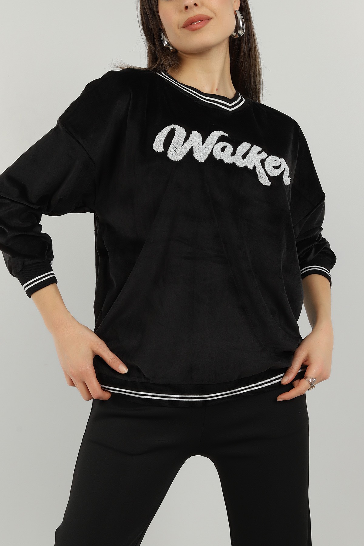 Siyah Süzene Nakışlı Kadife Sweat 144947