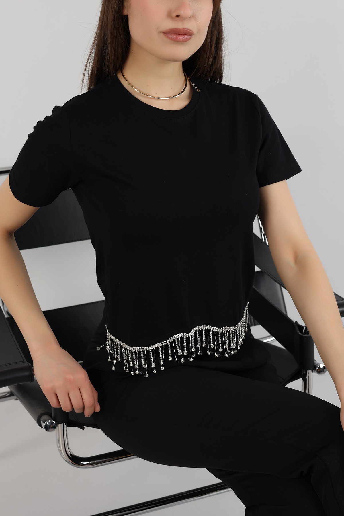 Siyah Taş Detay Bayan Crop Tişört 164589